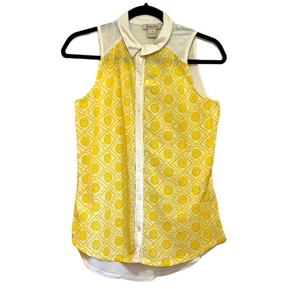 Lucky Brand Vivienne White & Yellow Sleeveless Collared Top size S NWT - Picture 1 of 8